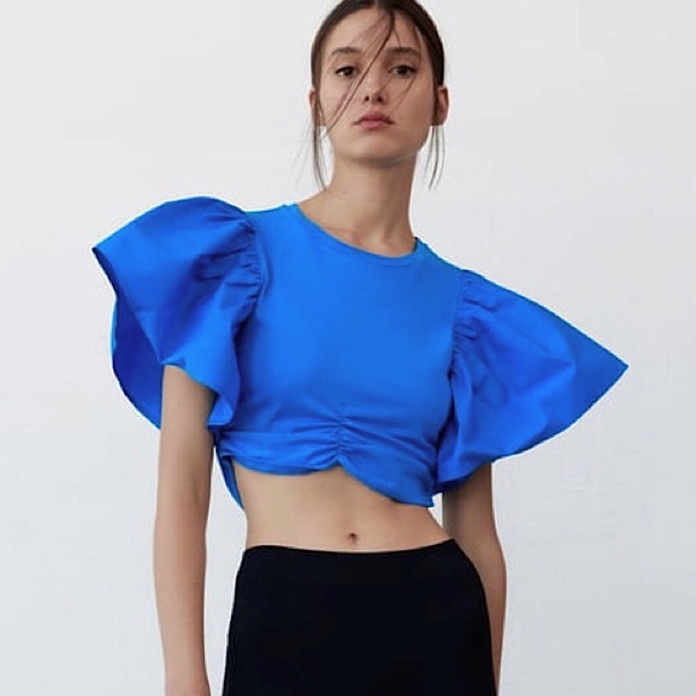 NWT Zara Ruffle Puff Sleeve Crop Top - Picture 3 of 7
